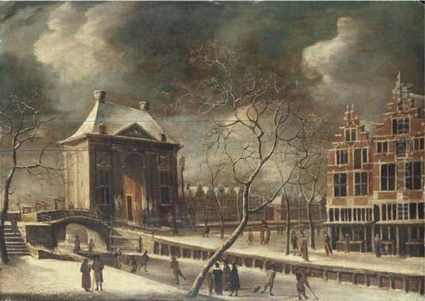 The Heiligewegspoort, Amsterdam, From The North-east In Winter,with Skaters On The Frozen Canal Oil Painting by Abraham Beerstraaten