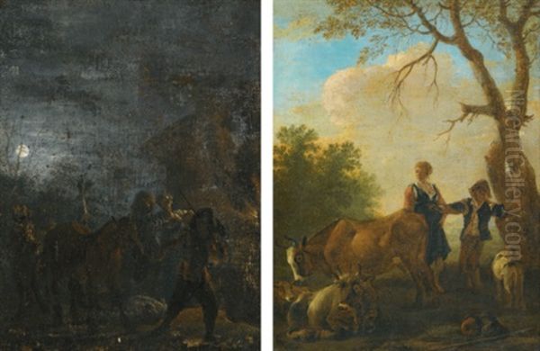 A Night Scene With Brigands (+ A Shepherd And Shepherdess With Their Flock; Pair) Oil Painting by Pieter Jacobsz. van Laer