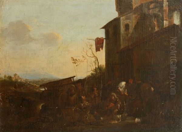 Village Scene Oil Painting by Pieter Jacobsz. van Laer