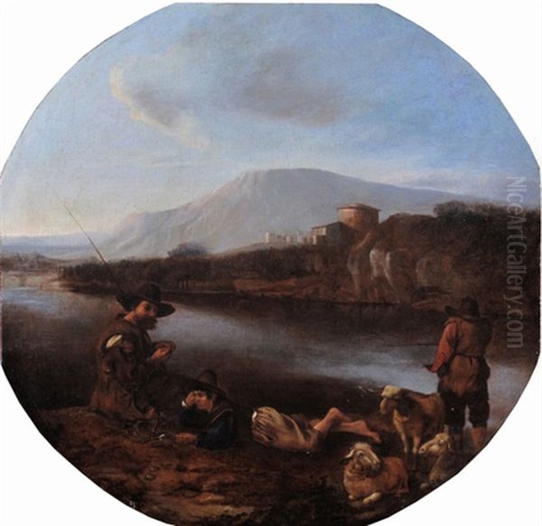 Paesaggio Fluviale Con Contadini In Sosta Oil Painting by Pieter Jacobsz. van Laer