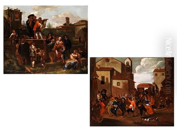 Karnevalstreiben Zwischen Italienischen Hausern Und Einer Kirche (+ Another; Pair) Oil Painting by Pieter Jacobsz. van Laer