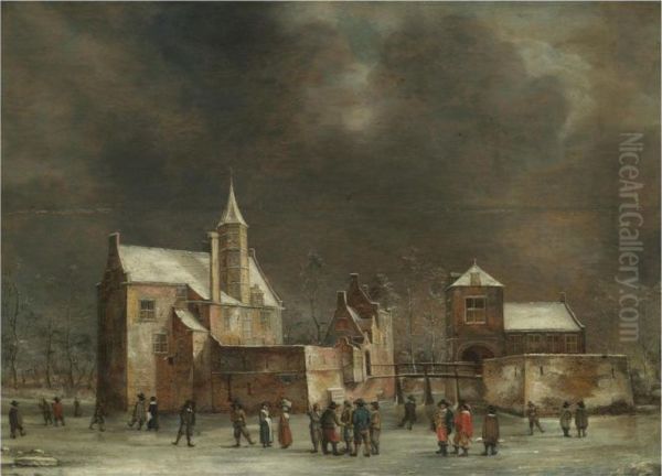 A View Of Wulven Castle In Winter With Figures Skating On Theice Oil Painting by Anthonie Beerstraten