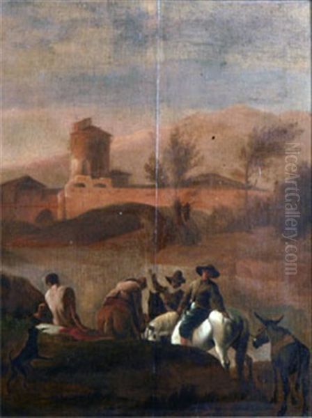 Rastplats - Landskap Med Figurscen Vid Flod Oil Painting by Pieter Jacobsz. van Laer