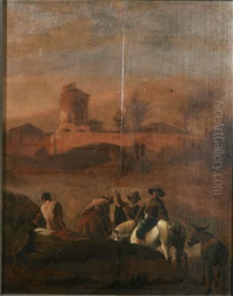 Rastplats - Landskap Med Figurscen Vid Flod Oil Painting by Pieter Jacobsz. van Laer