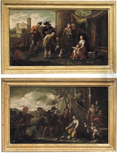 Paesaggio Con Musicanti (+ Paesaggio Con Filatrice, Contadini E Somaro; 2 Works) Oil Painting by Pieter Jacobsz. van Laer