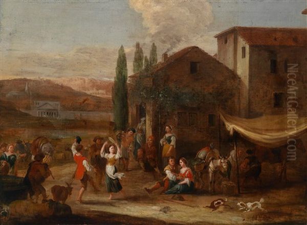 Landliche Szene Mit Feiernden Und Tanzenden Bauern Vor Einem Wirtshaus Oil Painting by Pieter Jacobsz. van Laer