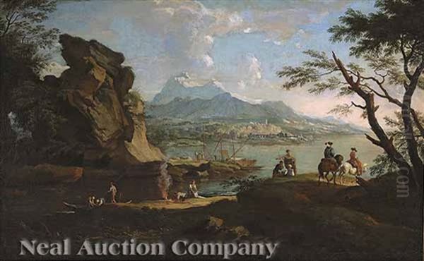 An Extensive Landscape With Travelers And Ships Oil Painting by Pieter Jacobsz. van Laer