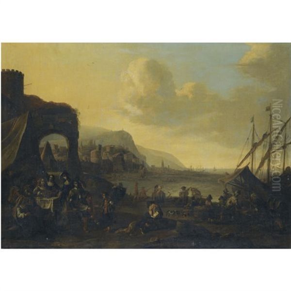 A Harbour Scene With Figures Unloading Cargo Oil Painting by Pieter Jacobsz. van Laer