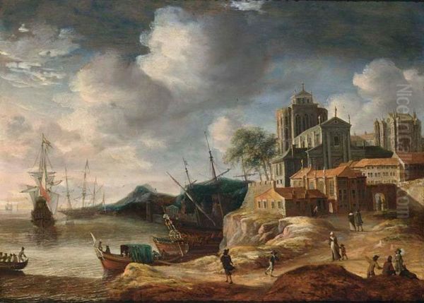 A Capriccio Coastal Landscape With Classical Buildings, With A State Yacht And Other Shipping, Figures On A Path Towards City Walls Oil Painting by Anthonie Beerstraten