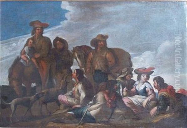 A Roadside Gathering Oil Painting by Pieter Jacobsz. van Laer