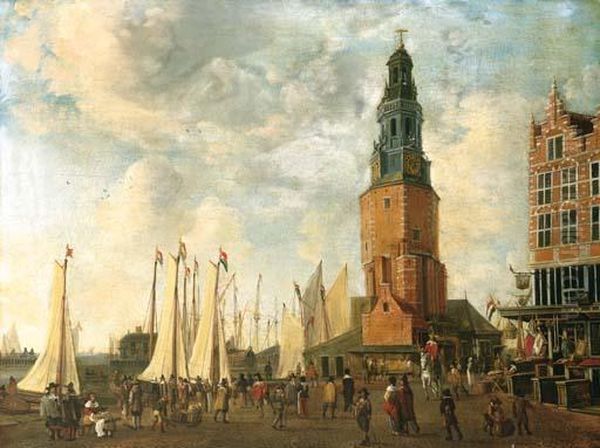 The Herring Packer's Tower, Amsterdam, With Figures On The Quay Oil Painting by Anthonie Beerstraten