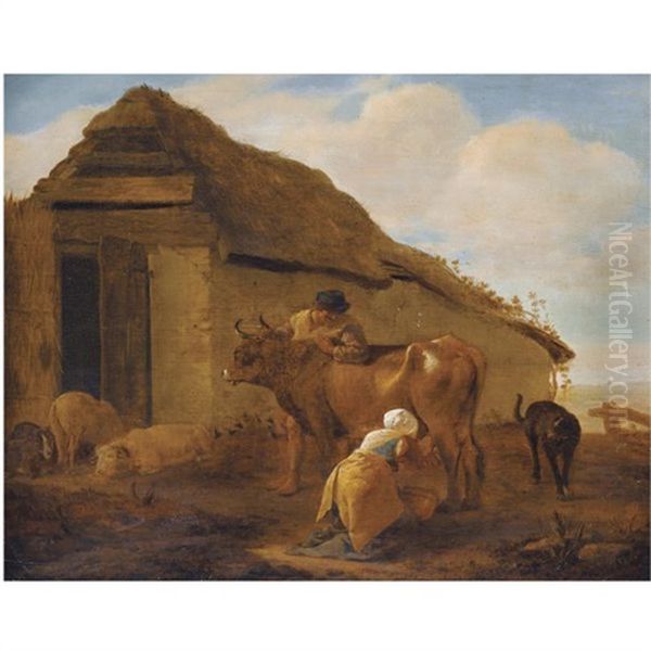 A Landscape With A Milkmaid, A Cow And Livestock by Pieter Jacobsz. van Laer