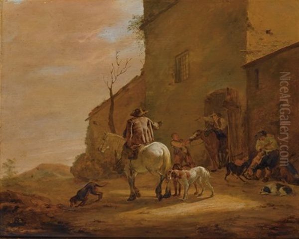 A Landscape With Horsemen Leaving An Inn, Together With Their Dogs, A Man Feeding Other Dogs To The Right Oil Painting by Pieter Jacobsz. van Laer