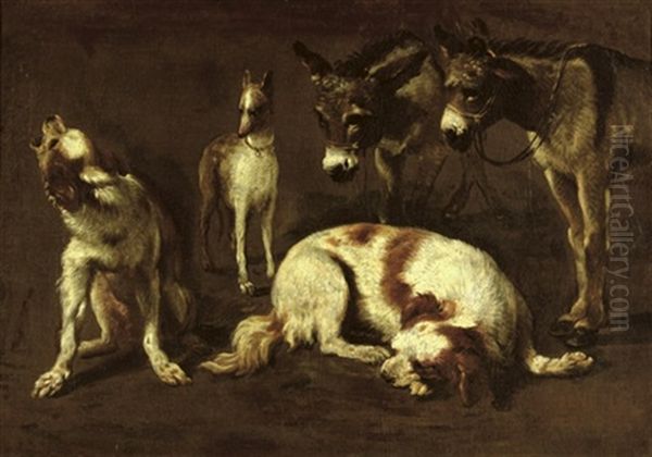 A Study Of Two Spaniels, A Greyhound And Two Donkeys Oil Painting by Pieter Jacobsz. van Laer