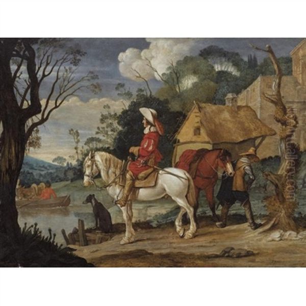 River Landscape With Cavaliers Waiting For A Ferry by Pieter Jacobsz. van Laer