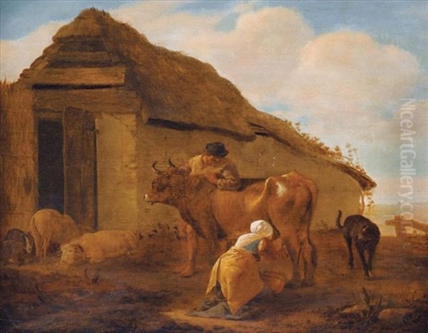 A Landscape With A Milkmaid, A Cow And Livestock Oil Painting by Pieter Jacobsz. van Laer