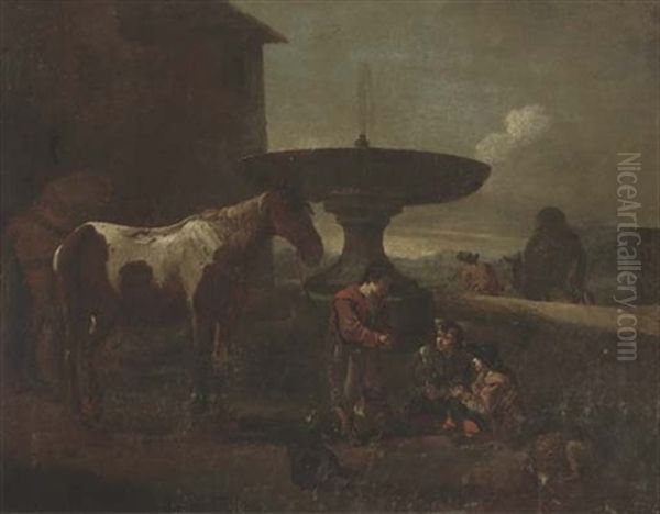 An Italianate Landscape With An Ostler And Horses Conversing With Travellers Resting By A Fountain Oil Painting by Pieter Jacobsz. van Laer