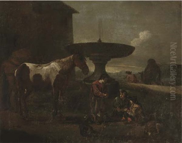 An Italianate Landscape With An Ostler And Horses Conversing With Travellers Resting By A Fountain Oil Painting by Pieter Jacobsz. van Laer