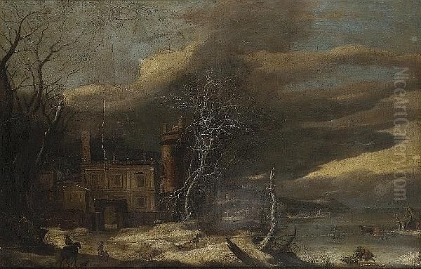 A Winter River Landscape With Travellers On A Path Before A Castle Oil Painting by Anthonie Beerstraten