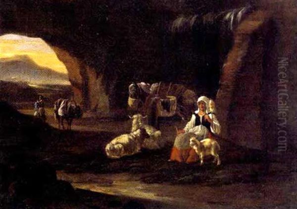 Eine Hirtin Mit Schafen Und Einem Pferd In Einer Felsenhohle Oil Painting by Pieter Jacobsz. van Laer