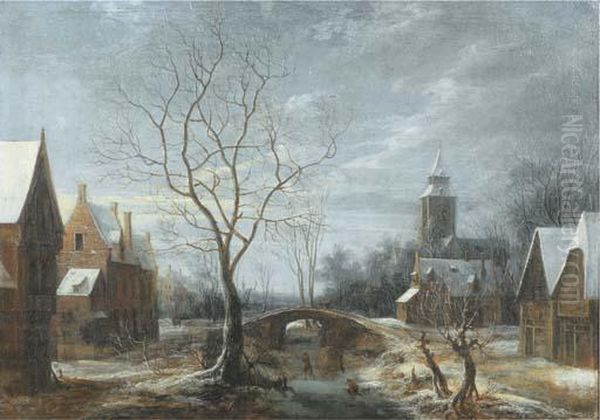 A Winter Landscape With Figures On A Frozen Waterway In Avillage Oil Painting by Anthonie Beerstraten