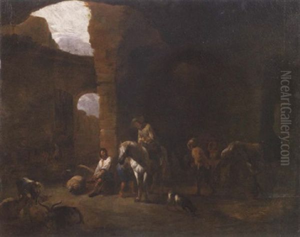 A Riding Party In A Barn Preparing To Depart Oil Painting by Pieter Jacobsz. van Laer