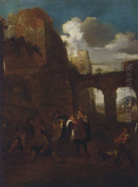 Peasants And A Dog Amongst Classical Ruins by Pieter Jacobsz. van Laer