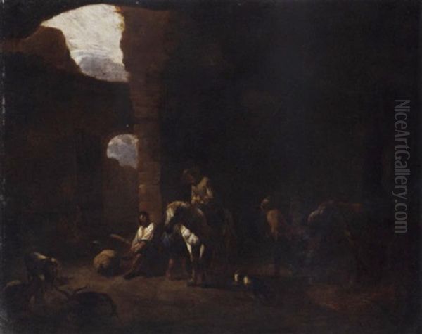 Travellers Taking Shelter In Roman Ruins Oil Painting by Pieter Jacobsz. van Laer