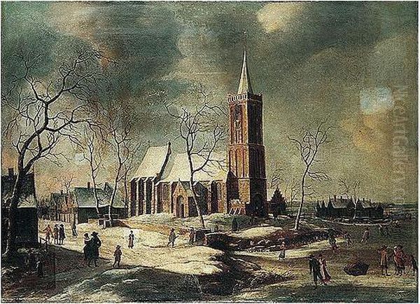 A Winter Landscape With Villagers Skating On A Frozen River Before A Church Oil Painting by Anthonie Beerstraten