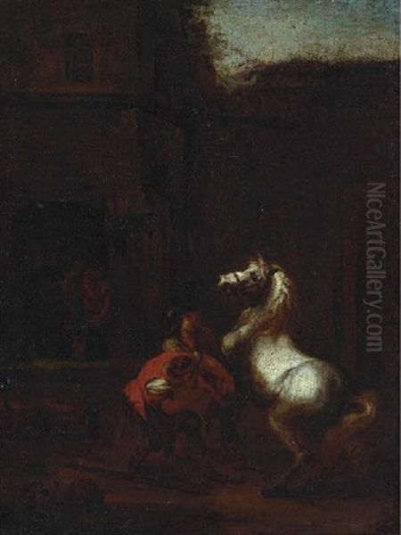 A Blacksmith And A Peasant With A White Horse Oil Painting by Pieter Jacobsz. van Laer