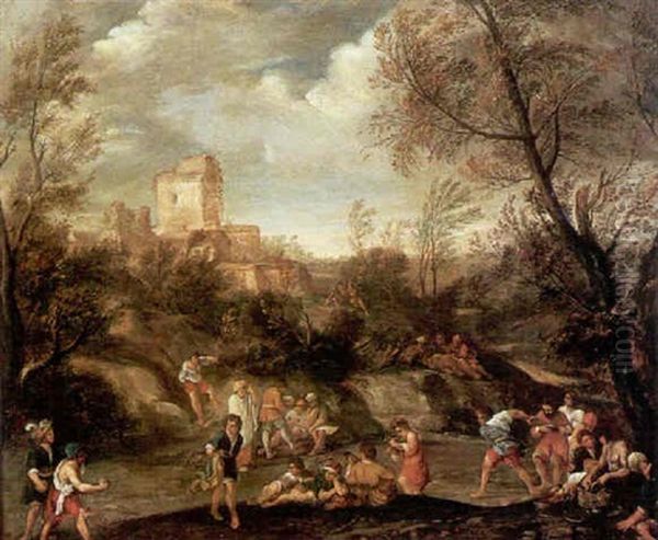 Figures Merrymaking With A Village And An Extensive Landscape Beyond Oil Painting by Pieter Jacobsz. van Laer