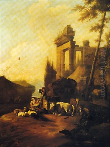 Paesaggio Con Pastori E Animali Presso Ruderi Antichi Oil Painting by Pieter Jacobsz. van Laer