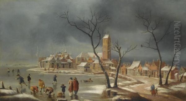 A Winter Landscape With Figures Playing Oil Painting by Jan Abrahamsz. Beerstraaten