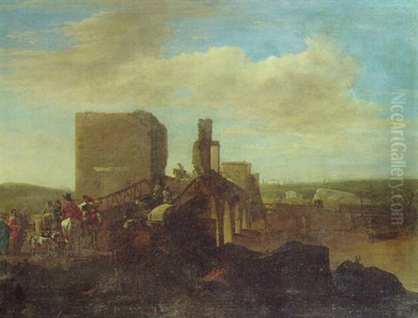 The Ponte Milvio, Rome With Drovers And Cattle Oil Painting by Pieter Jacobsz. van Laer