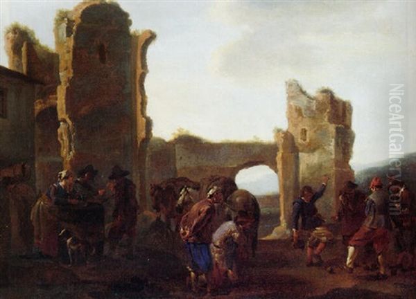 Vagabonds Playing Skittle, Among Classical Ruins In An Italianate Landscape Oil Painting by Pieter Jacobsz. van Laer