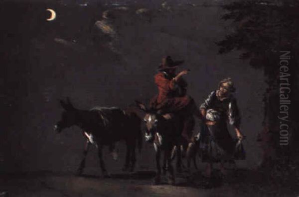 A Peasant Couple With Donkeys And A Dog On A Track By Moonlight Oil Painting by Pieter Jacobsz. van Laer