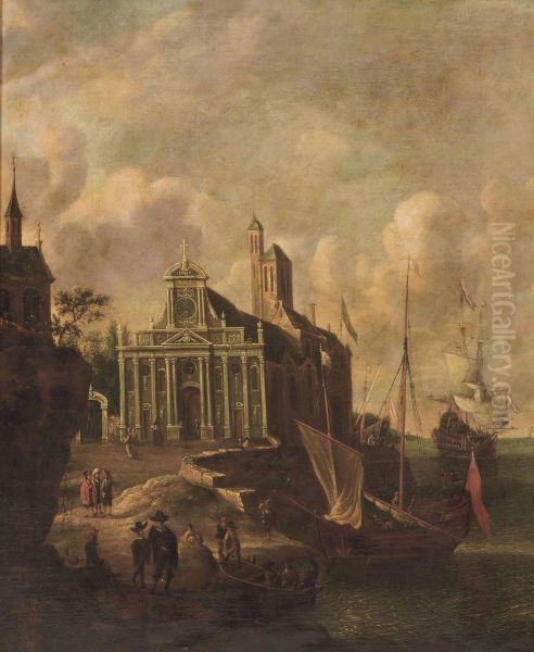 An Italianate Harbour View With A Church And Mooring Ships Oil Painting by Jan Abrahamsz. Beerstraaten