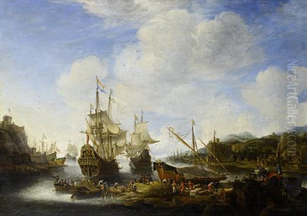 A 
Capriccio 
 View Of A Port With Vessels And Stevedores Unloading Cargo Oil Painting by Jan Abrahamsz. Beerstraaten