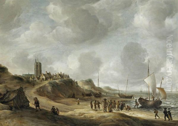 A View Of Egmond Aan Zee With Fisherfolk On The Beach And Shipping Offshore Oil Painting by Jan Abrahamsz. Beerstraaten