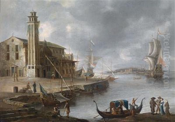 An Imaginary View Of Venice With Elegant Figures Boarding A Gondola Near The Church Of San Lorenzo Oil Painting by Jan Abrahamsz. Beerstraaten