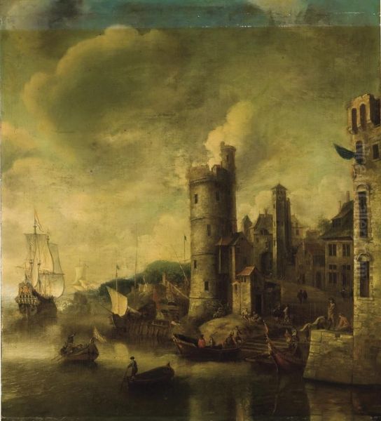 A Capriccio Of An Italian Port Oil Painting by Johannes Beerstraten