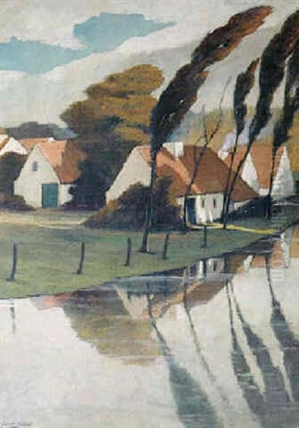 Maisons Sur La Riviere Oil Painting by Eugene Jules Joseph Laermans