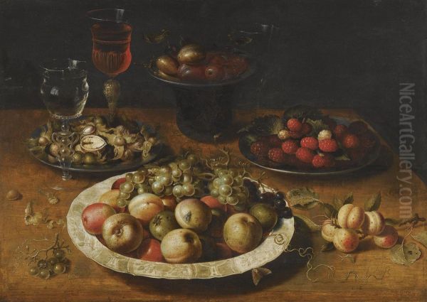 A Still Life Of Apples And Grapes In A Blue-and-white Porcelainbowl, Raspberries And Walnuts In Pewter Dishes, Plums On A Pewterdish Atop A Stand, Together With Three Wine-glasses And Sprigs Ofapricots And Gooseberries Upon A Wooden Table Oil Painting by Osias, the Elder Beert