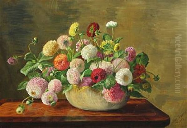 Still-life With Dahlias Oil Painting by Augusta Laessoe