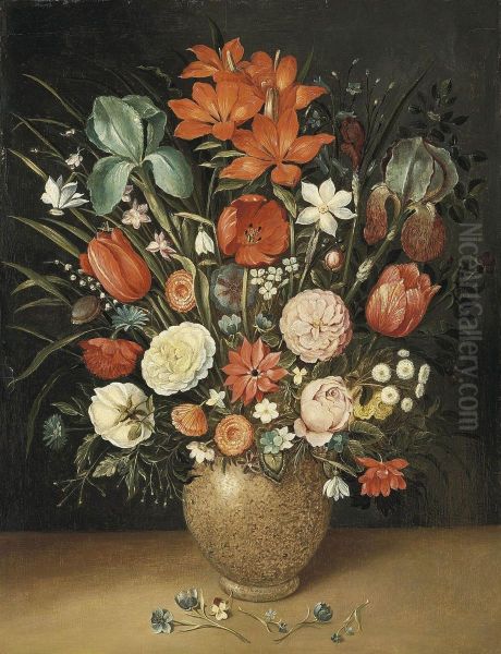 Roses, Tulips, Carnations And Other Flowers In A Vase On A Stoneledge Oil Painting by Osias, the Elder Beert