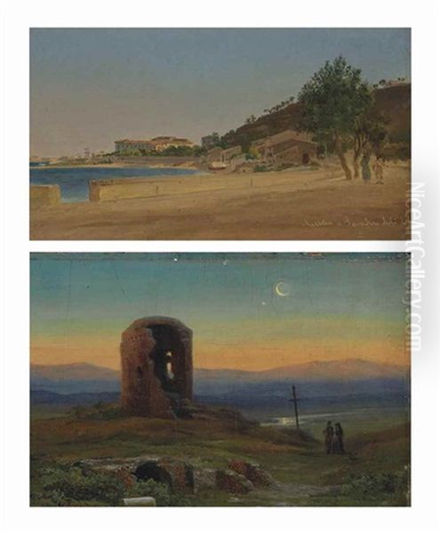 Vue De Messine (1); Et Ruines Dans La Campagne Romaine Ou Torre Del Diavolo (2) Oil Painting by Thorald Laessoe