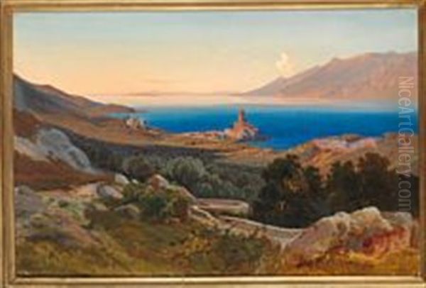 View Of Lake Garda At Malcesine Oil Painting by Thorald Laessoe