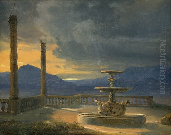 Italienische Brunnenanlage Auf Einer Terrasse Mit Aussicht Auf Eine Seenlandschaft Bei Aufkommendem Unwetter Oil Painting by Thorald Laessoe