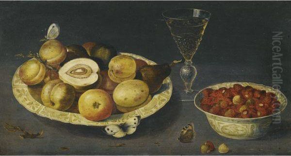 A Still Life With Strawberries, Pears And Peaches In Two Porcelainbowls On A Table With A Wineglass And Butterflies Oil Painting by Osias, the Elder Beert