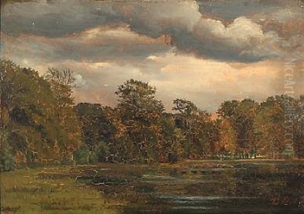 Cloudy Summer Day At A Forest Glade Oil Painting by Thorald Laessoe